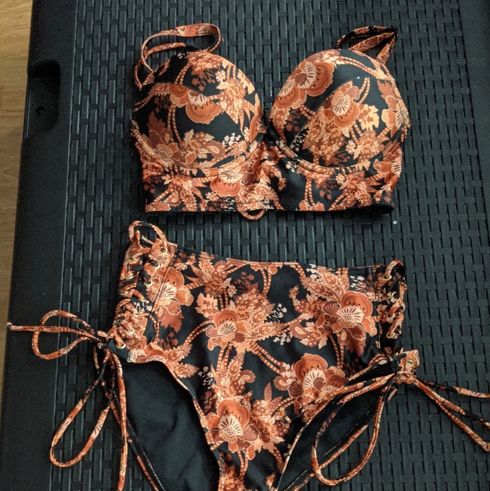 Wolf & Whistle Swimwear, Black & Orange, Two piece